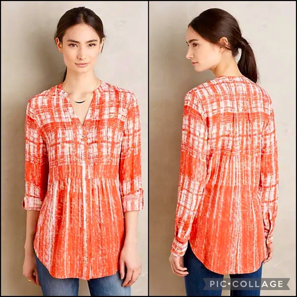 Anthro Red-Orange Abstract Print Pin-tuck Babydoll Peasant Blouse Top